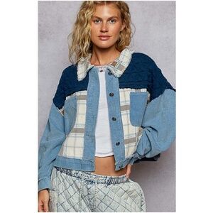 POL Blue Plaid print Frayed Corduroy Pockets Quilted Jacket Shacket